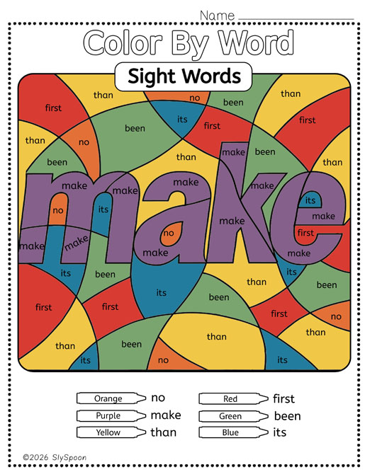 Color by sight word make worksheet printable