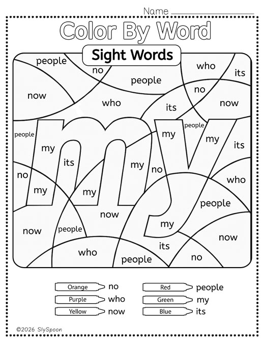 Color by sight word my worksheet printable