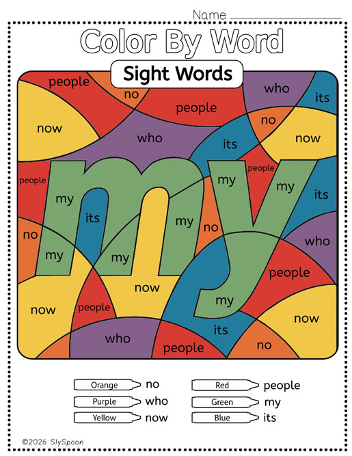 Color by sight word my worksheet printable