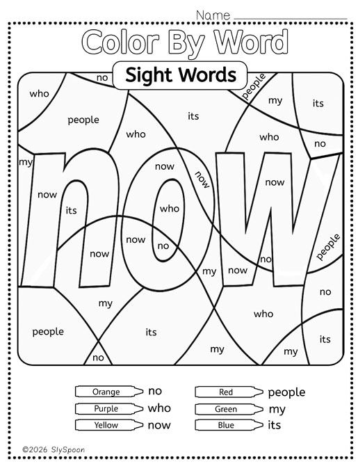 Color by sight word now worksheet printable