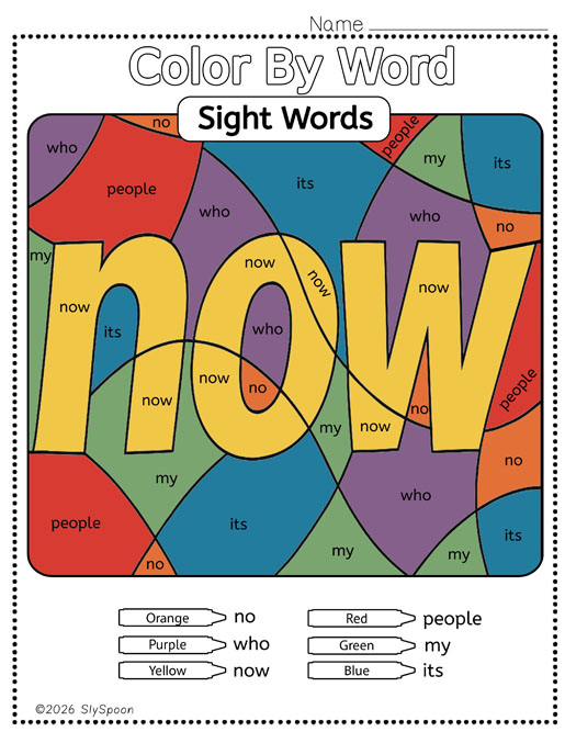 Color by sight word now worksheet printable