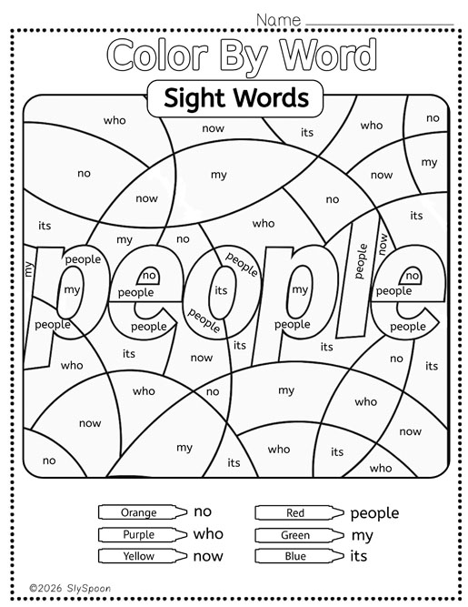 Color by sight word people worksheet printable