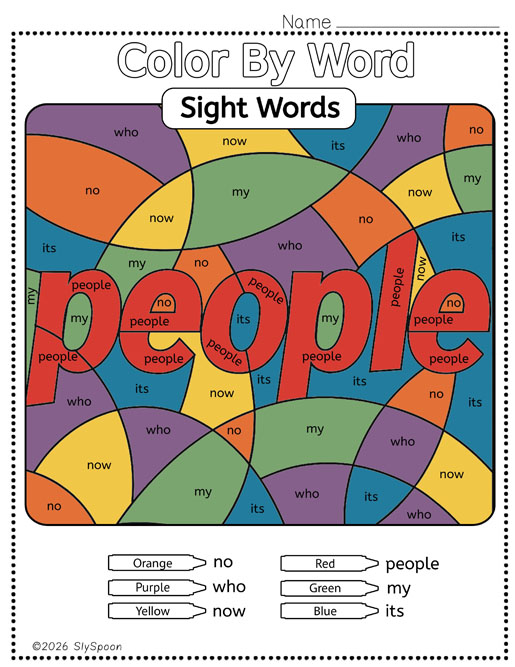 Color by sight word people worksheet printable