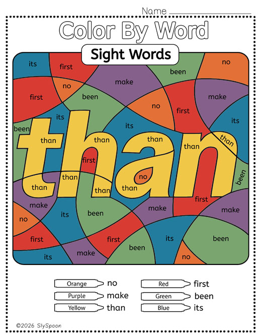 Color by sight word than worksheet printable