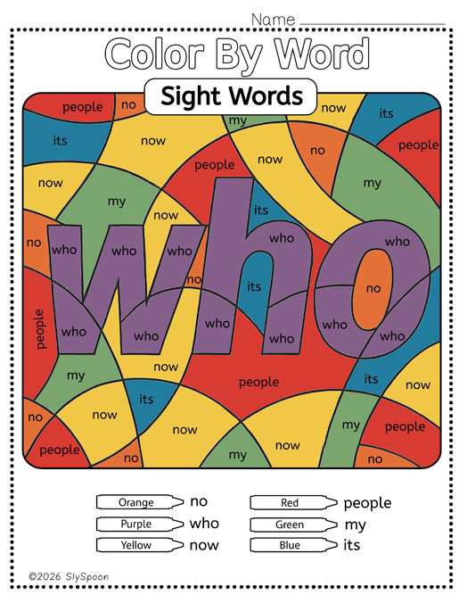 Color by sight word who worksheet printable