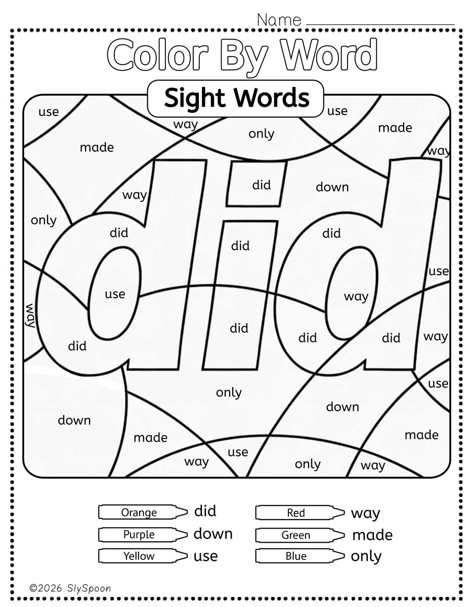 Color by sight word did worksheet printable