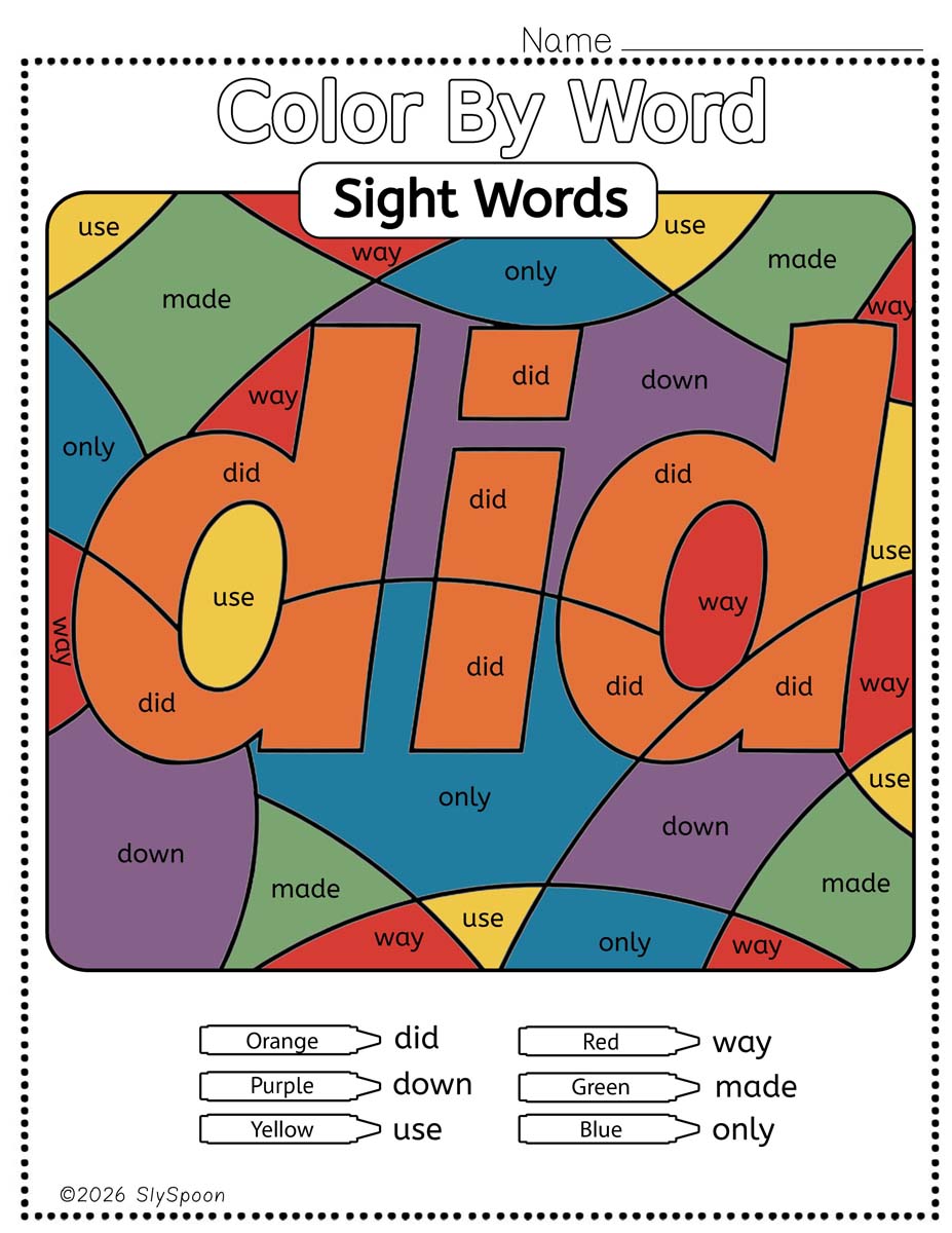 Color by sight word did worksheet printable