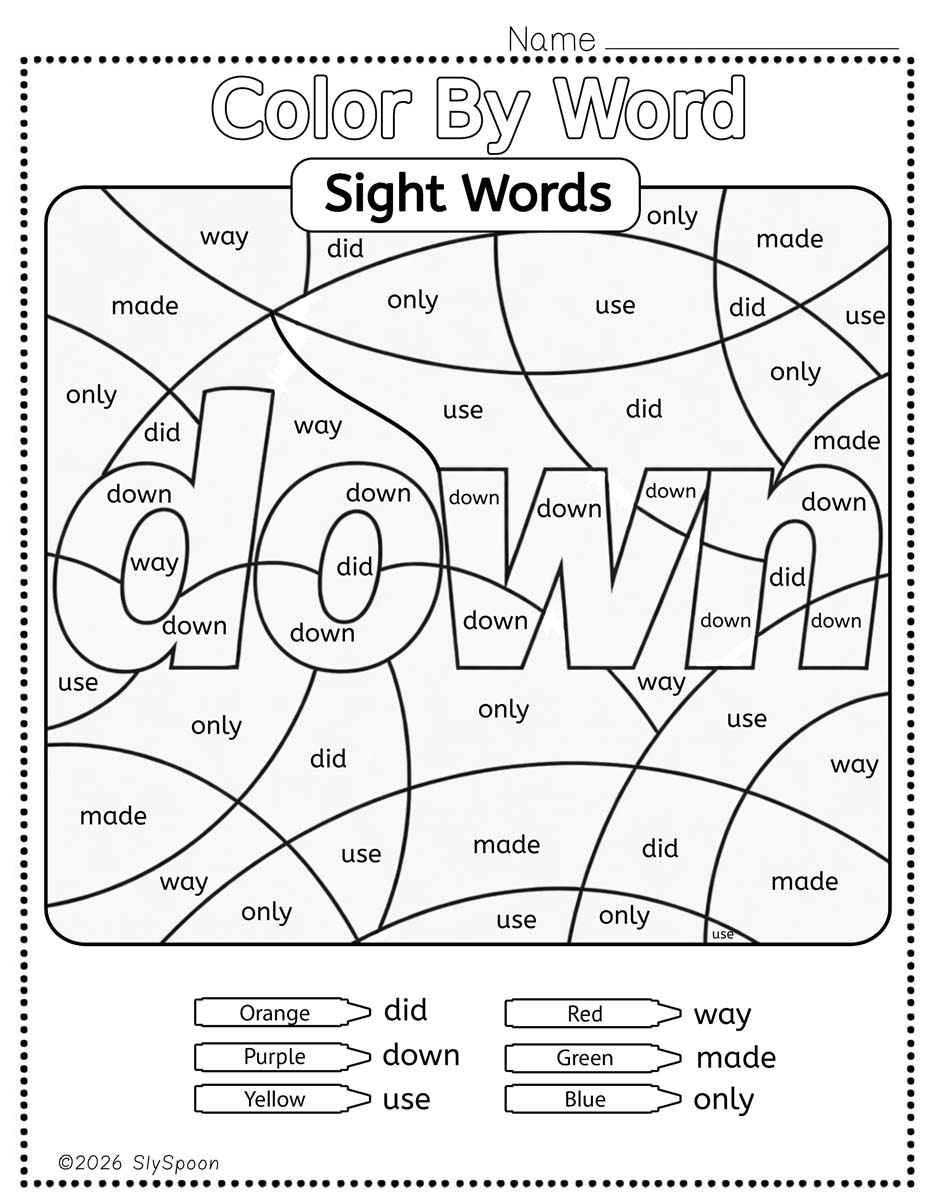 Color by sight word down worksheet printable