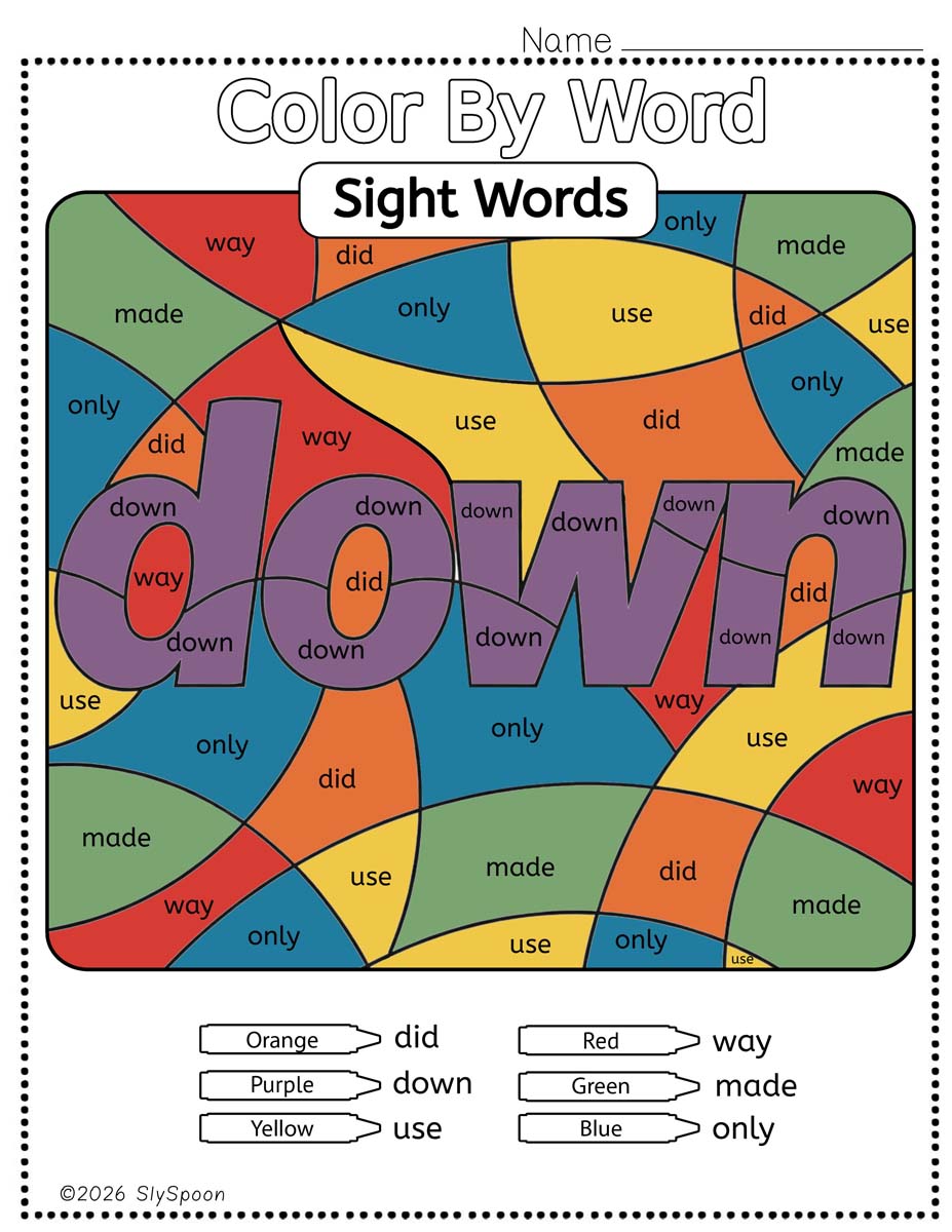 Color by sight word down worksheet printable