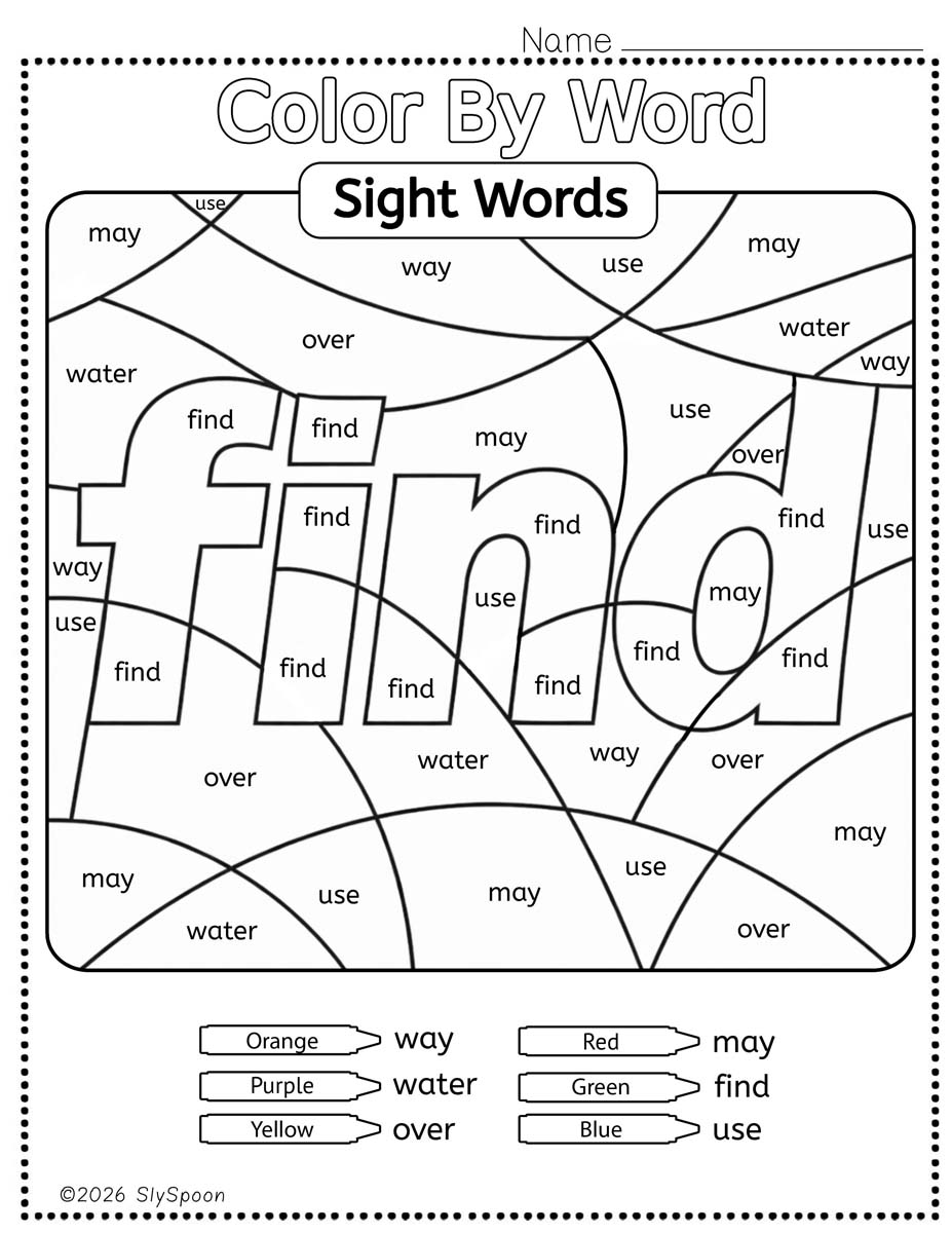 Color by sight word find worksheet printable