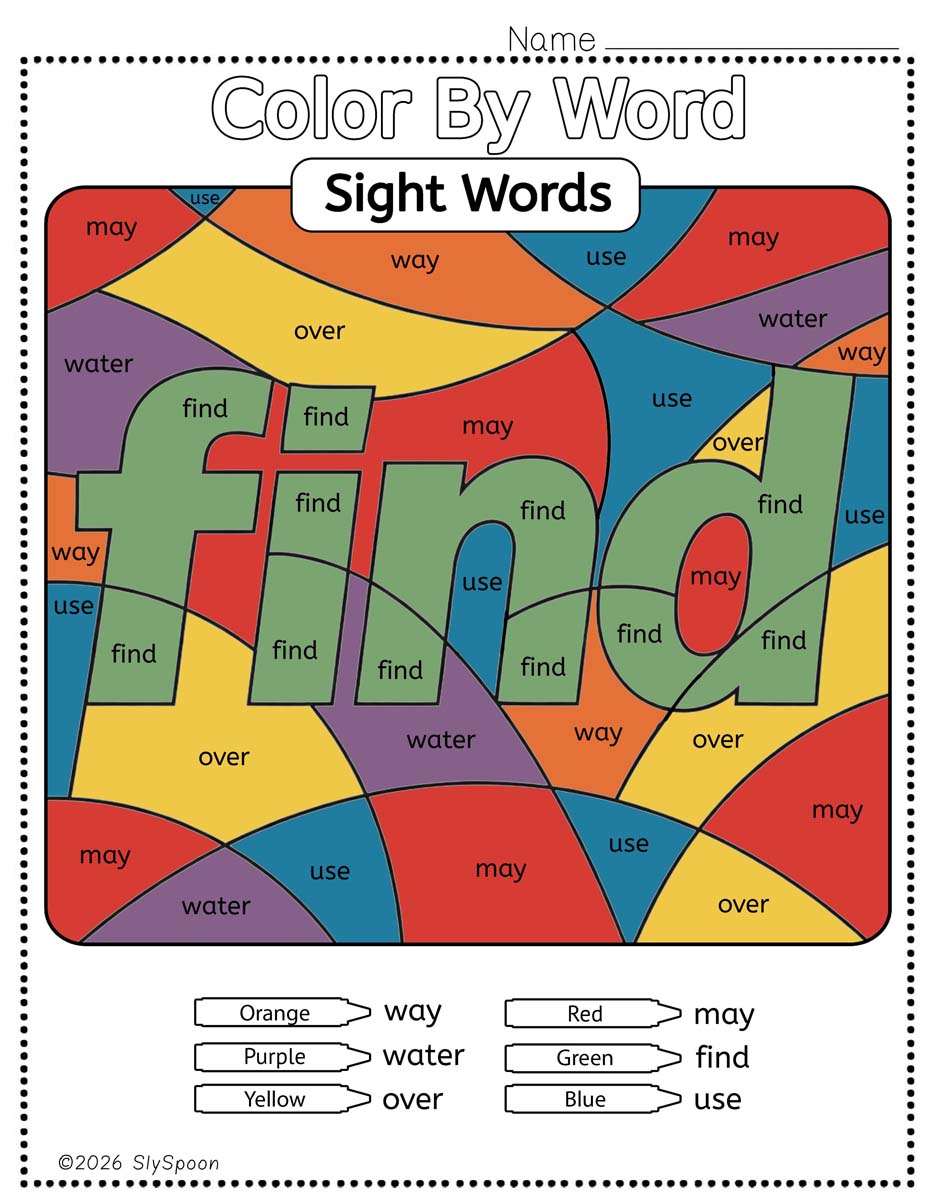 Color by sight word find worksheet printable