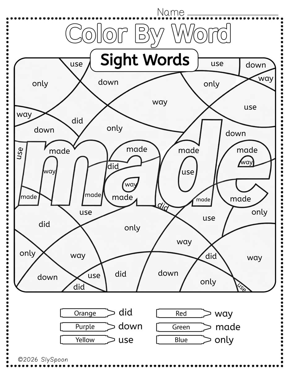 Color by sight word made worksheet printable