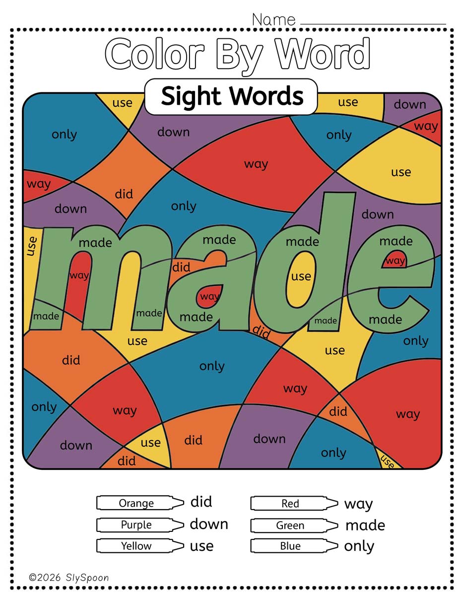 Color by sight word made worksheet printable