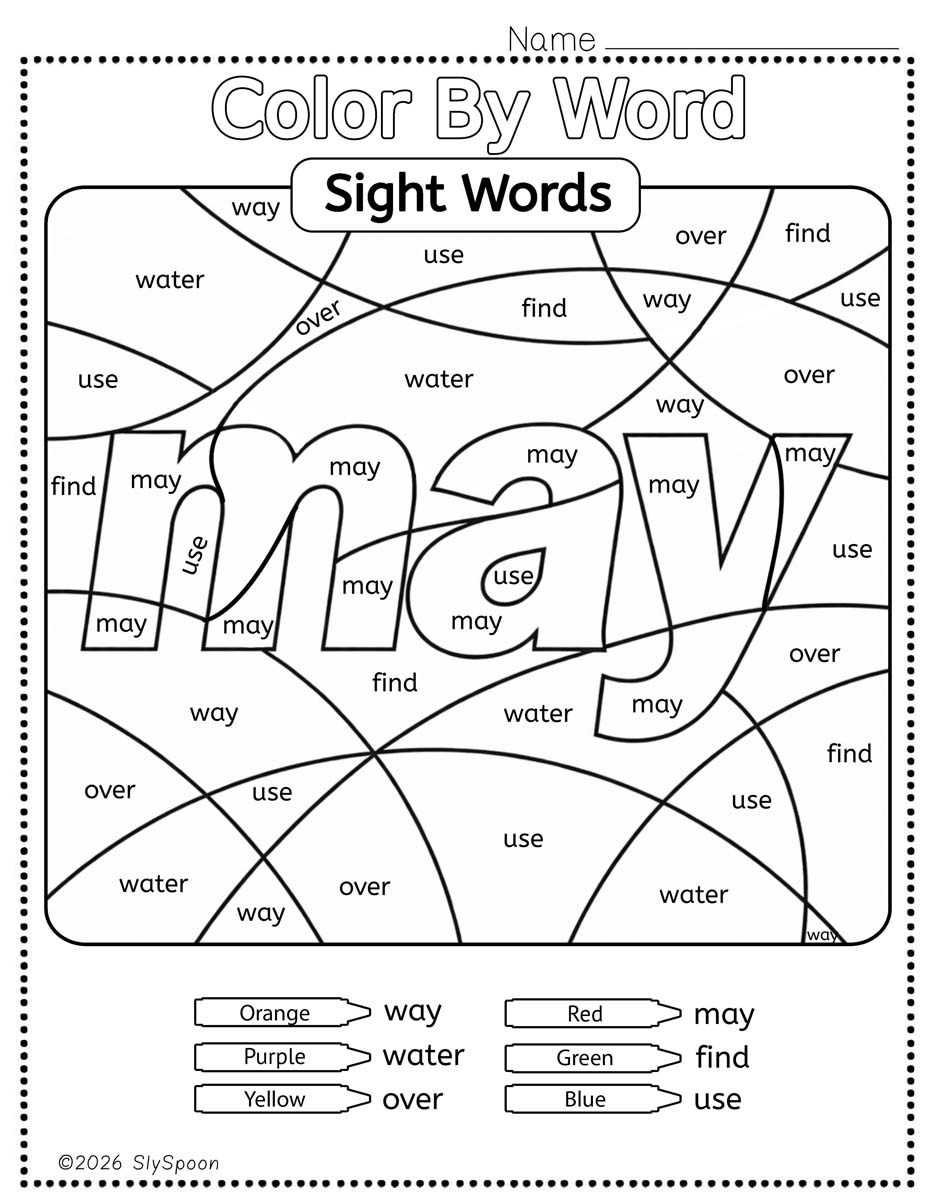 Color by sight word may worksheet printable