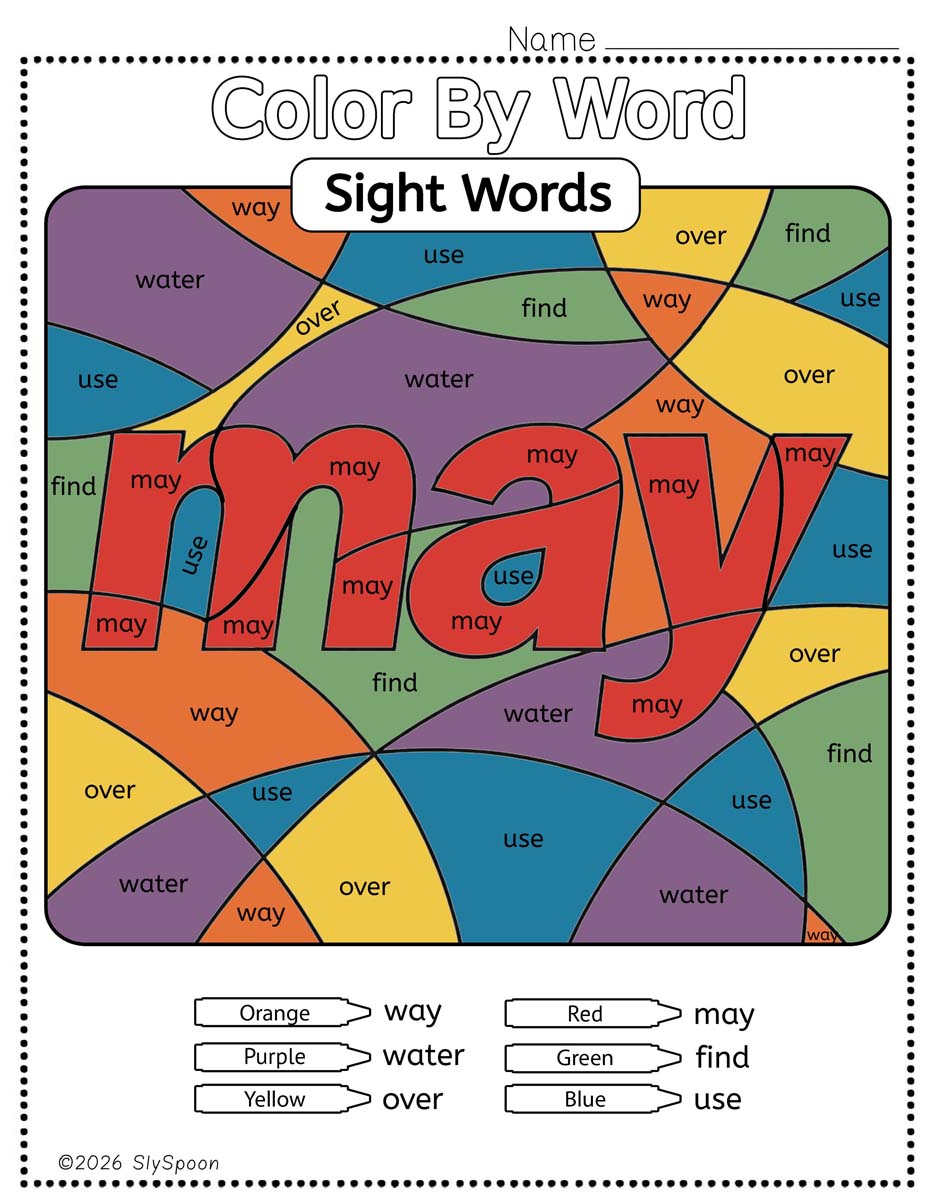 Color by sight word may worksheet printable