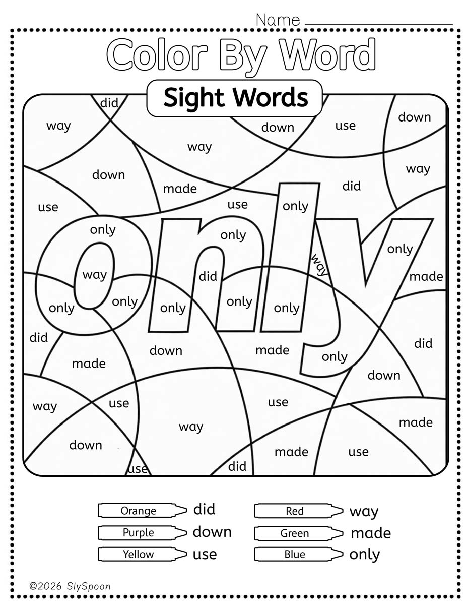 Color by sight word only worksheet printable