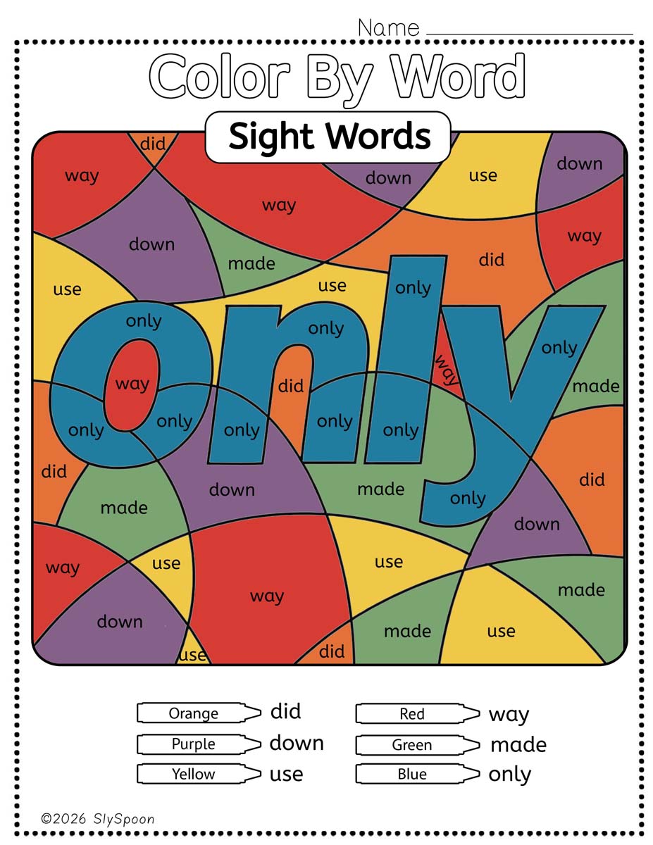 Color by sight word only worksheet printable