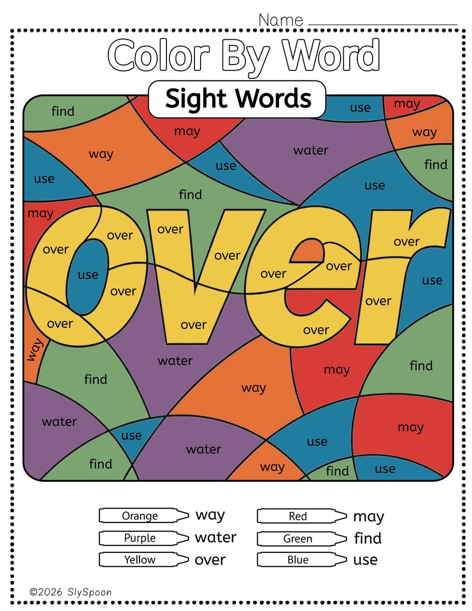 Color by sight word over worksheet printable