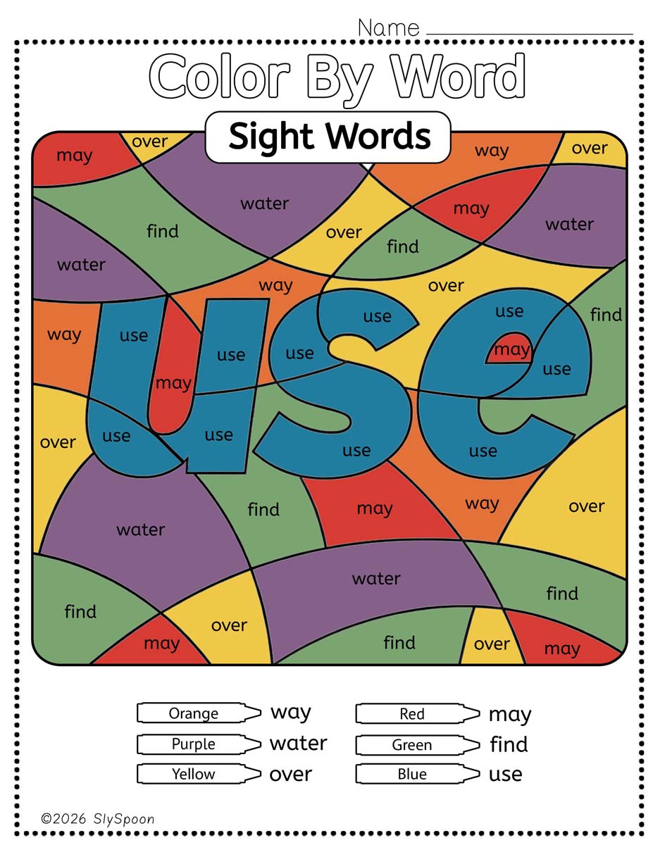 Color by sight word use worksheet printable