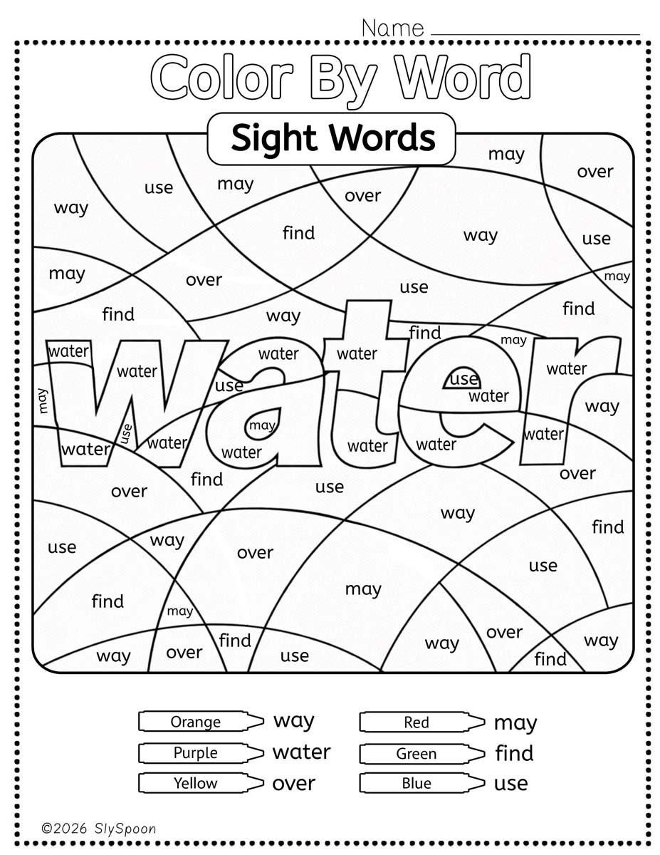Color by sight word water worksheet printable