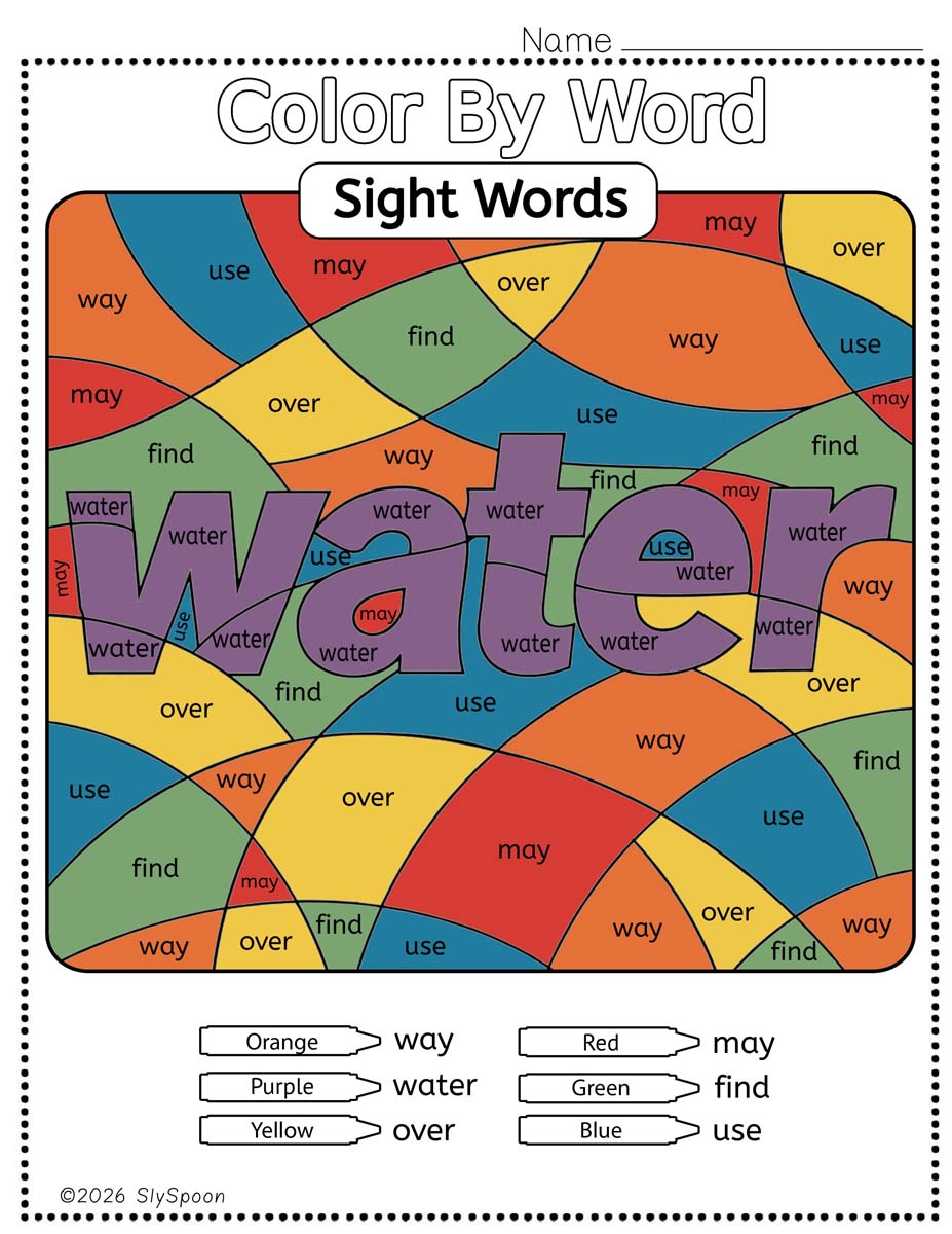 Color by sight word water worksheet printable