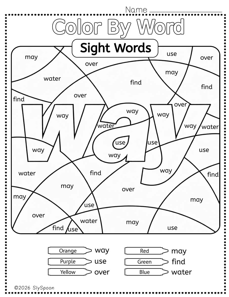 Color by sight word way worksheet printable