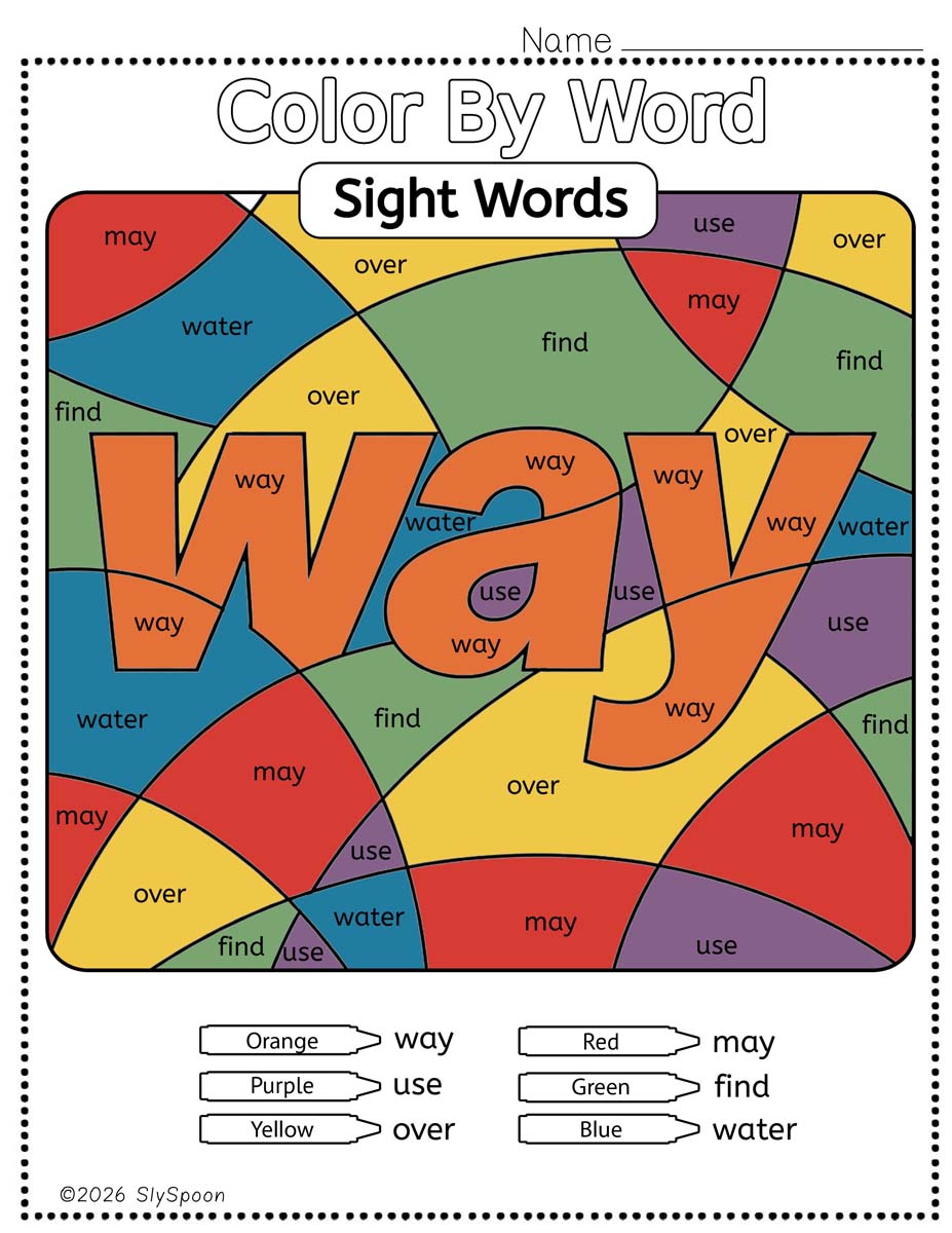 Color by sight word way worksheet printable