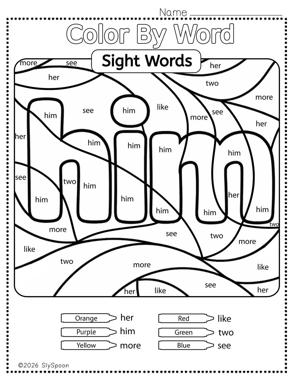 Color by sight word him worksheet printable
