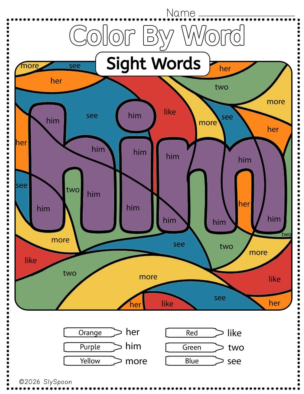 Color by sight word him worksheet printable