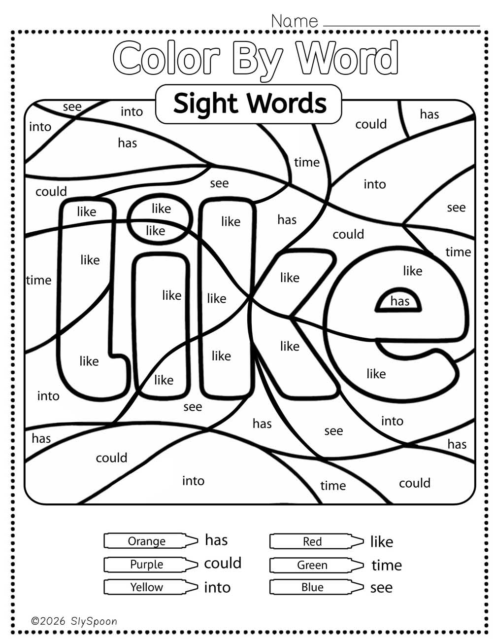 Color by sight word like worksheet printable