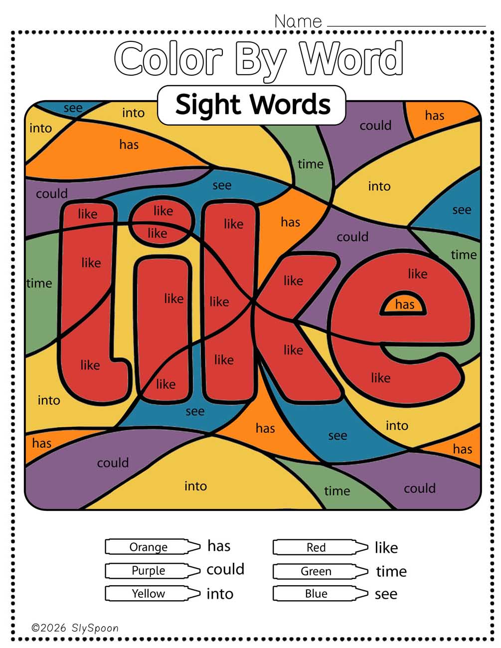 Color by sight word like worksheet printable