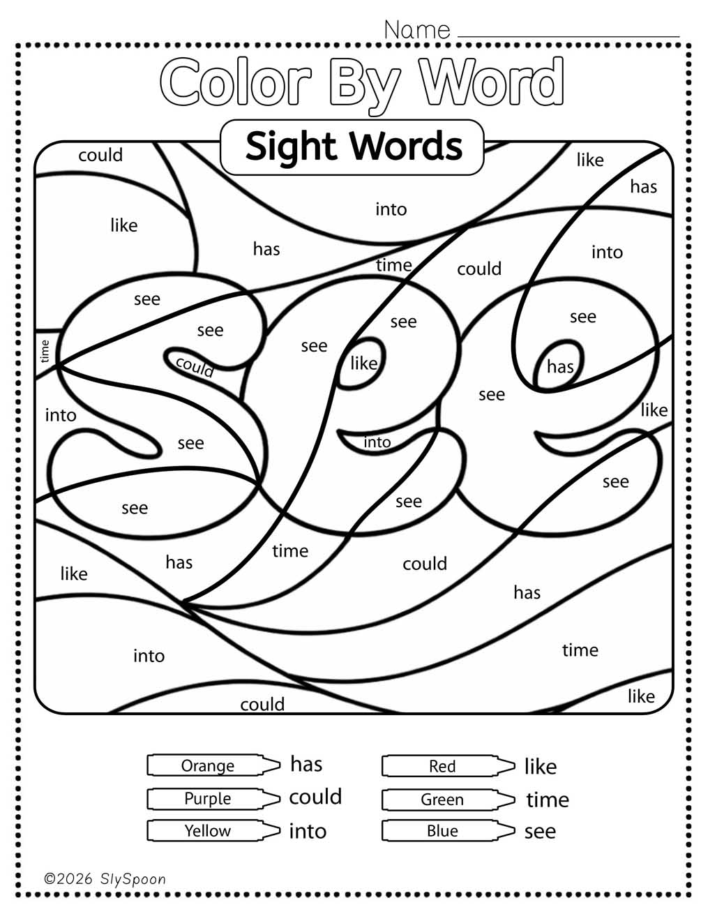 Color by sight word see worksheet printable