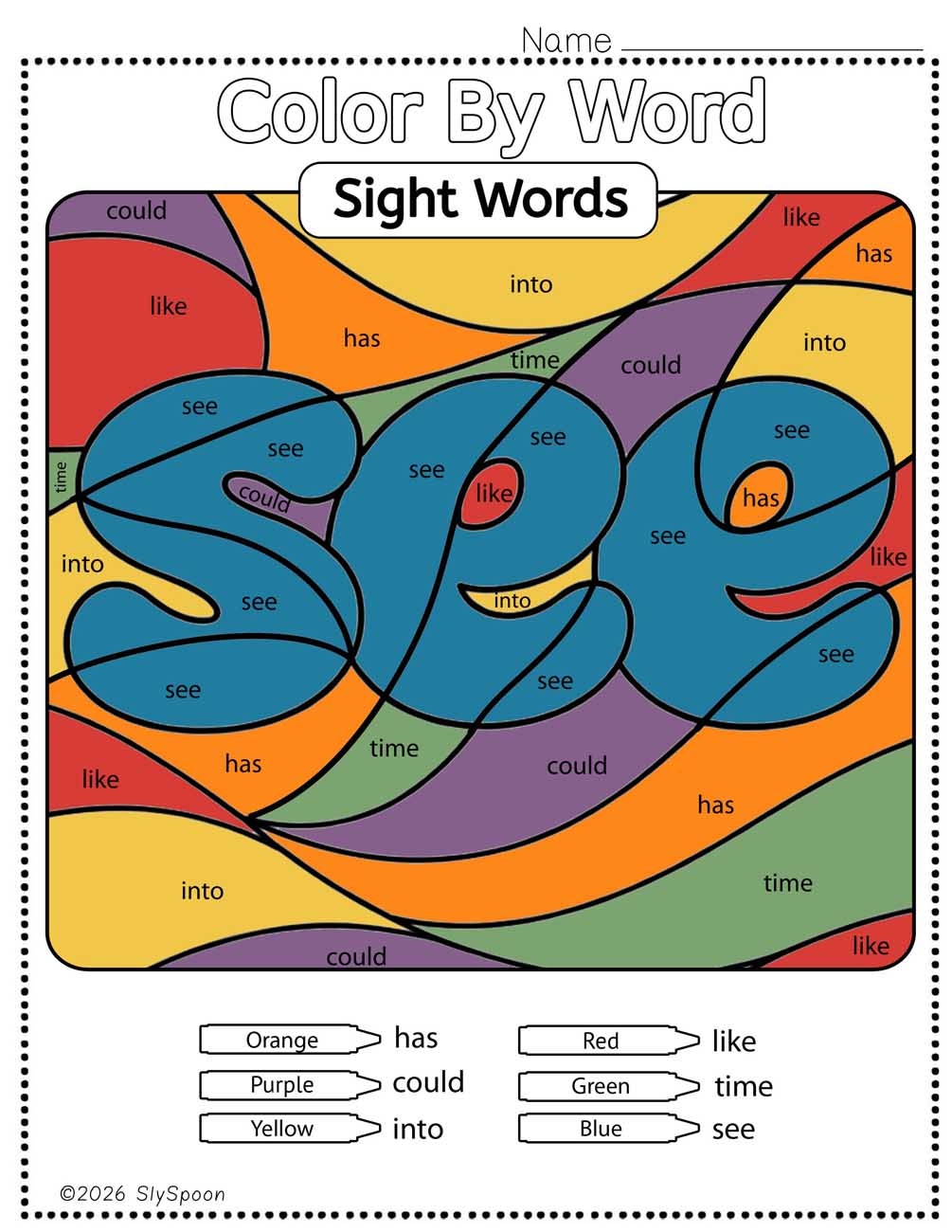 Color by sight word see worksheet printable