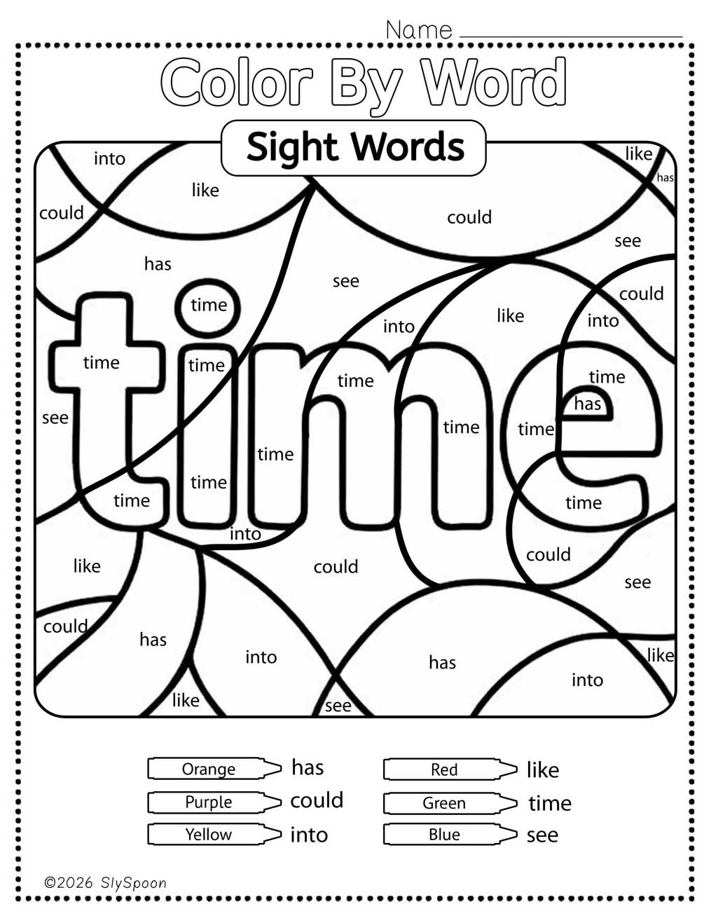 Color by sight word time worksheet printable