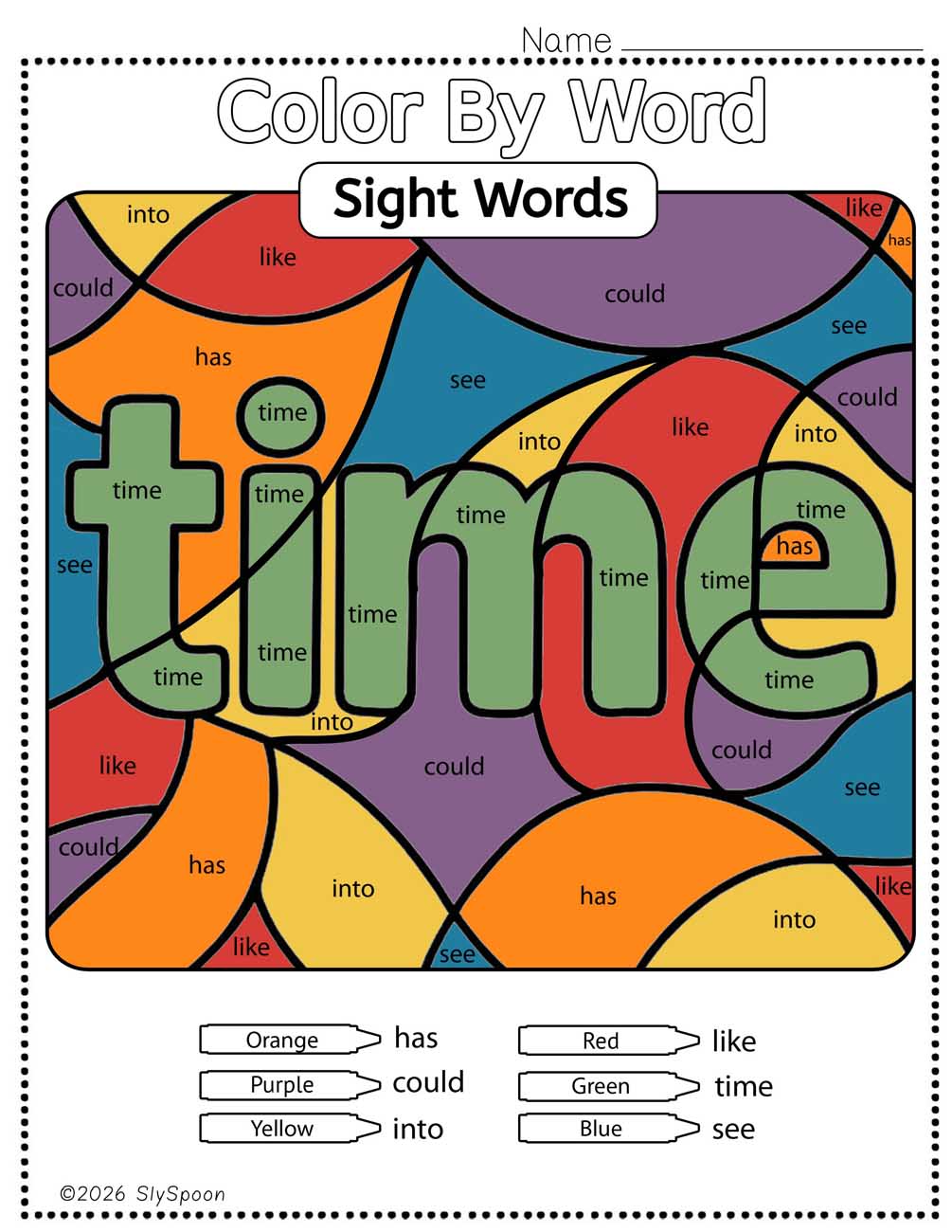 Color by sight word time worksheet printable
