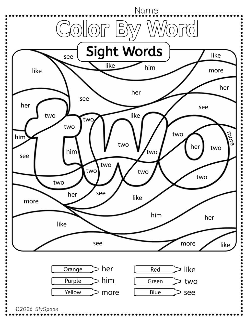 Color by sight word two worksheet printable