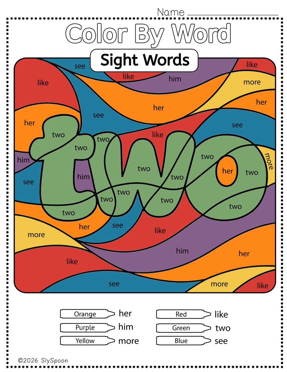 Color by sight word two worksheet printable