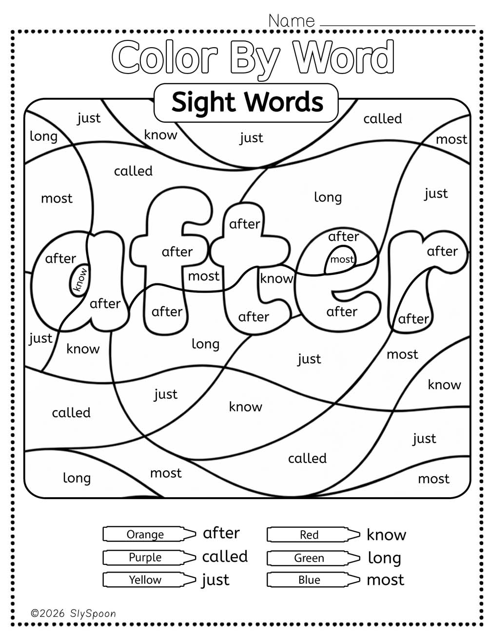 Color by sight word after worksheet printable