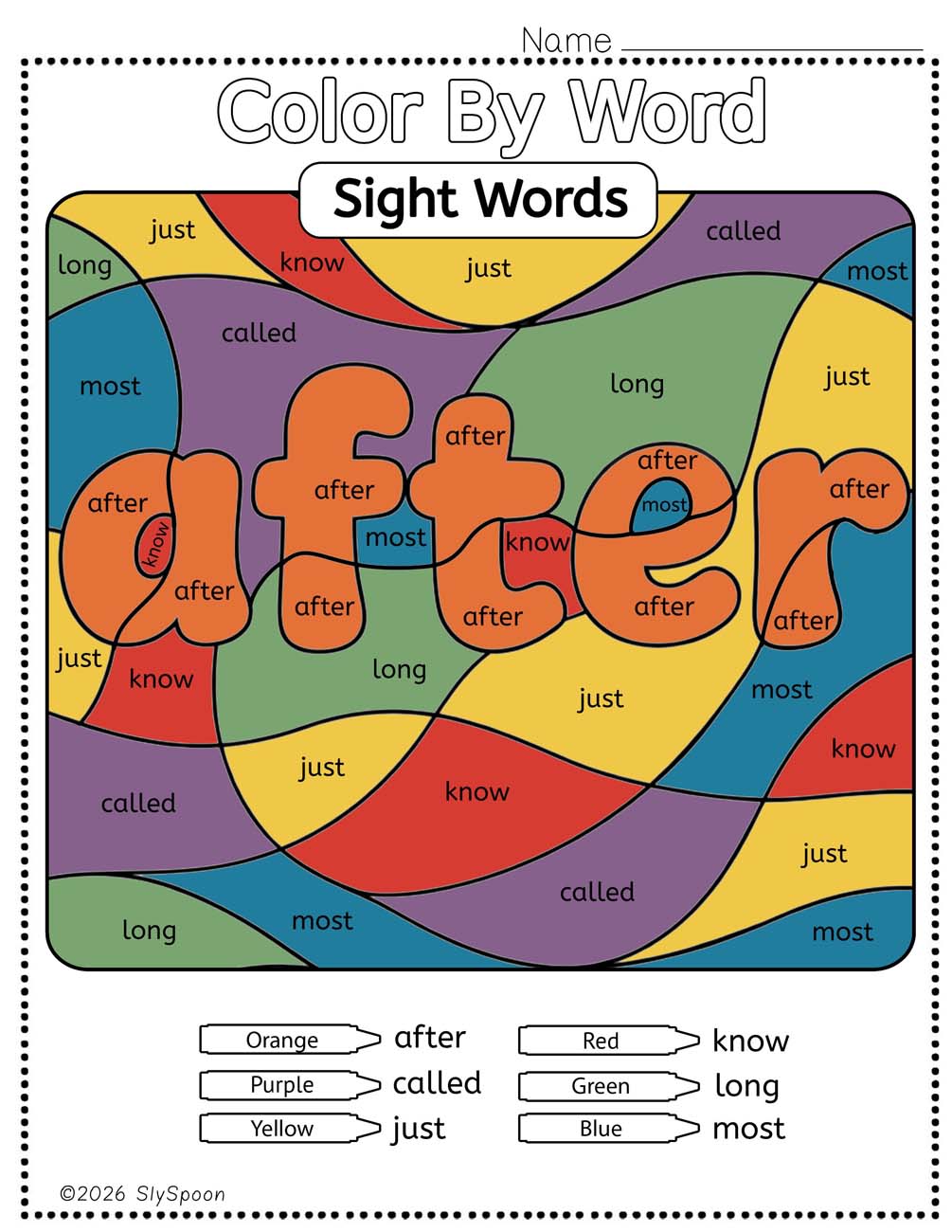 Color by sight word after worksheet printable