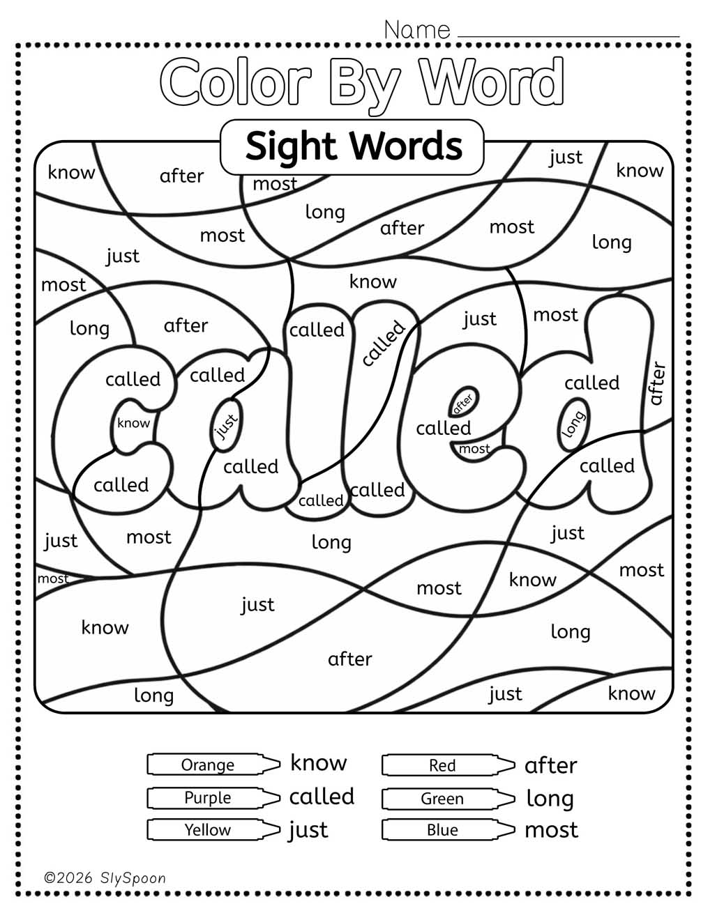 Color by sight word called worksheet printable