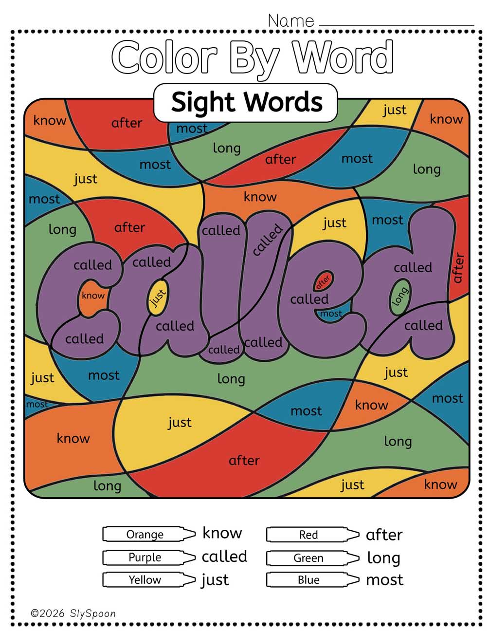 Color by sight word called worksheet printable