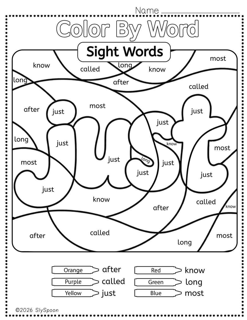 Color by sight word just worksheet printable