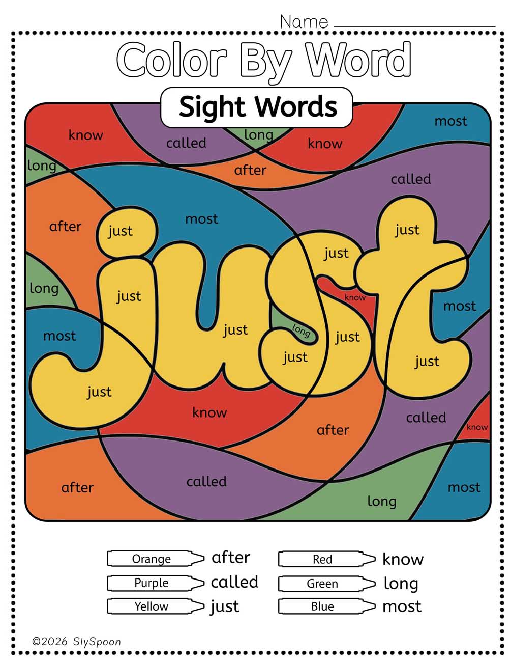 Color by sight word just worksheet printable
