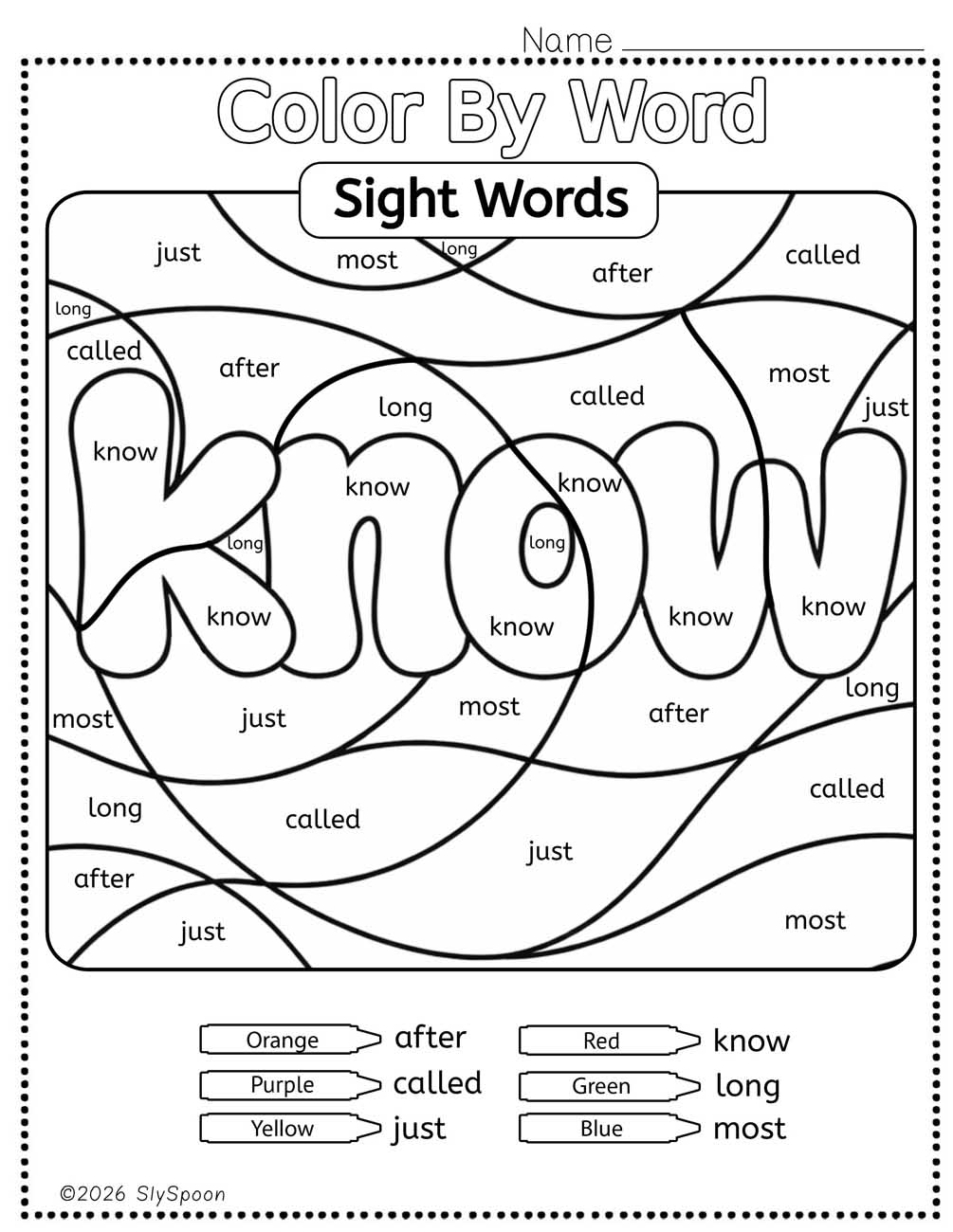 Color by sight word know worksheet printable