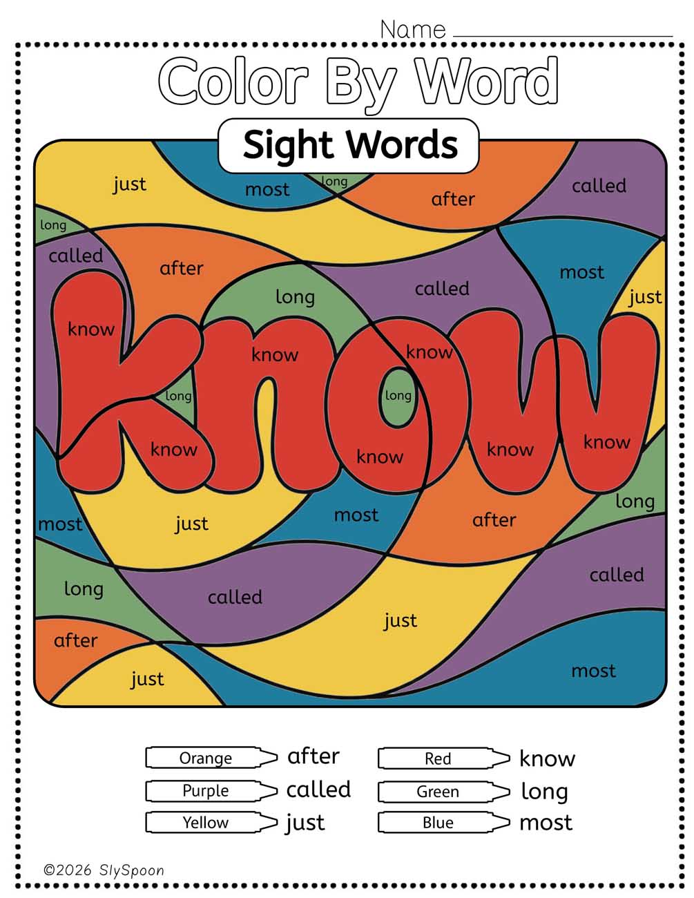 Color by sight word know worksheet printable