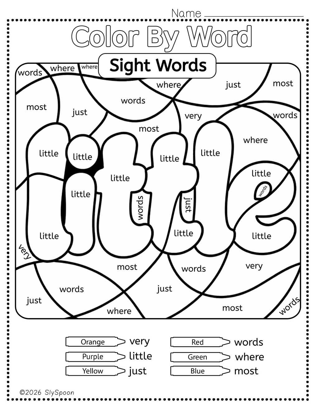 Color by sight word little worksheet printable