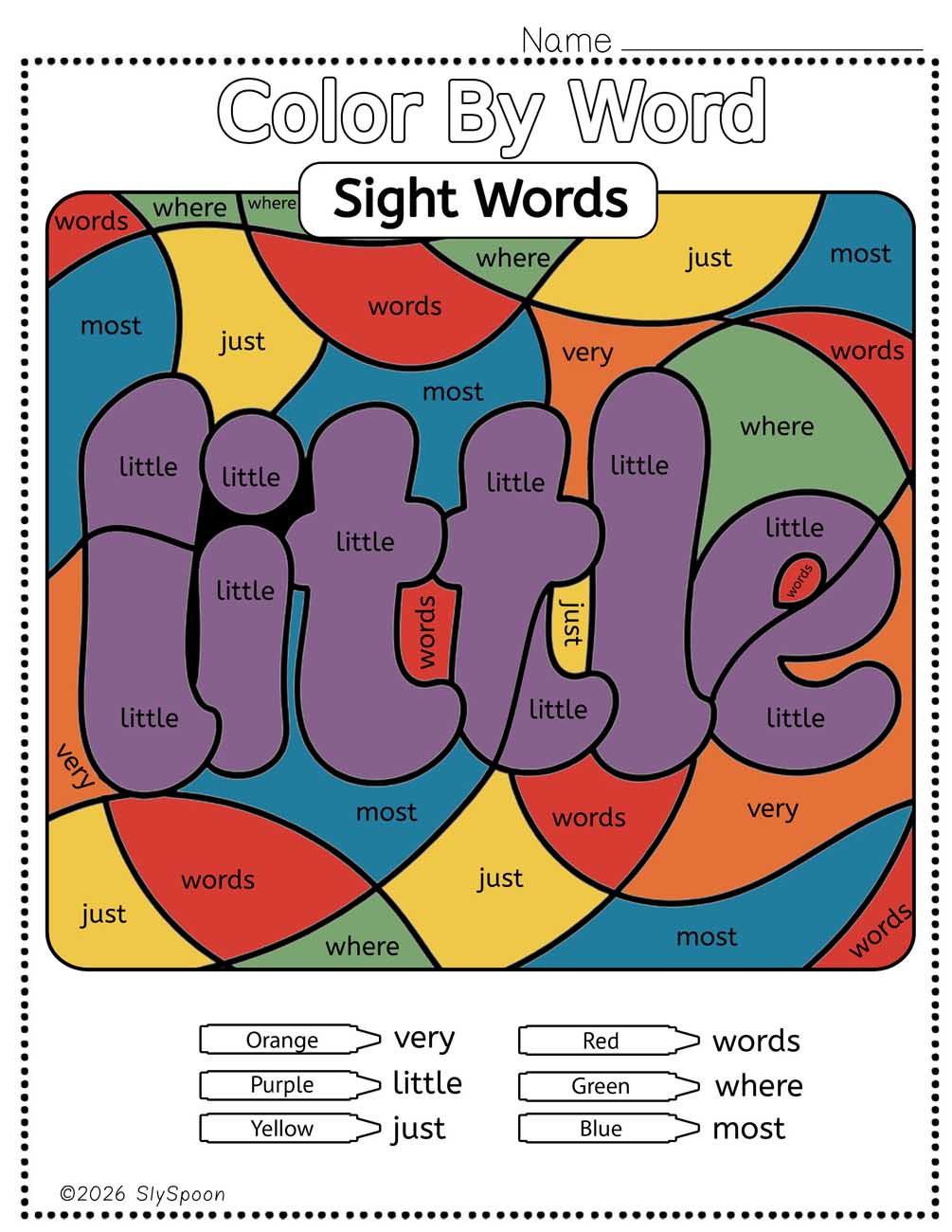 Color by sight word little worksheet printable