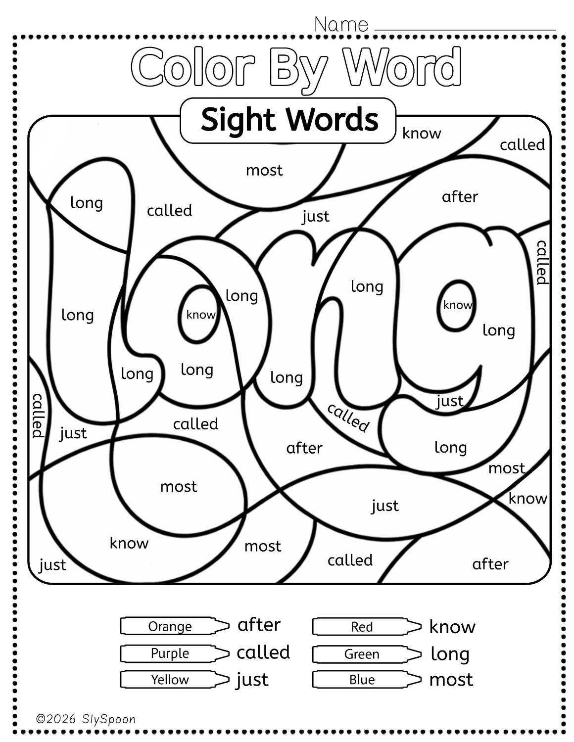 Color by sight word long worksheet printable