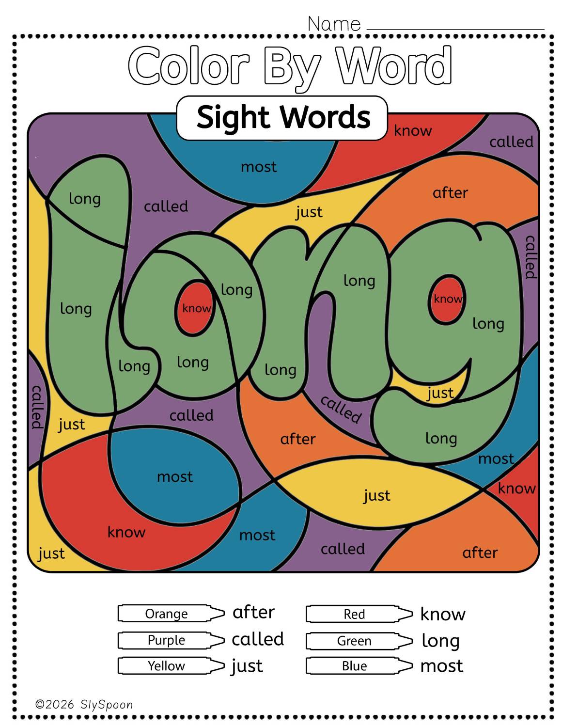 Color by sight word long worksheet printable