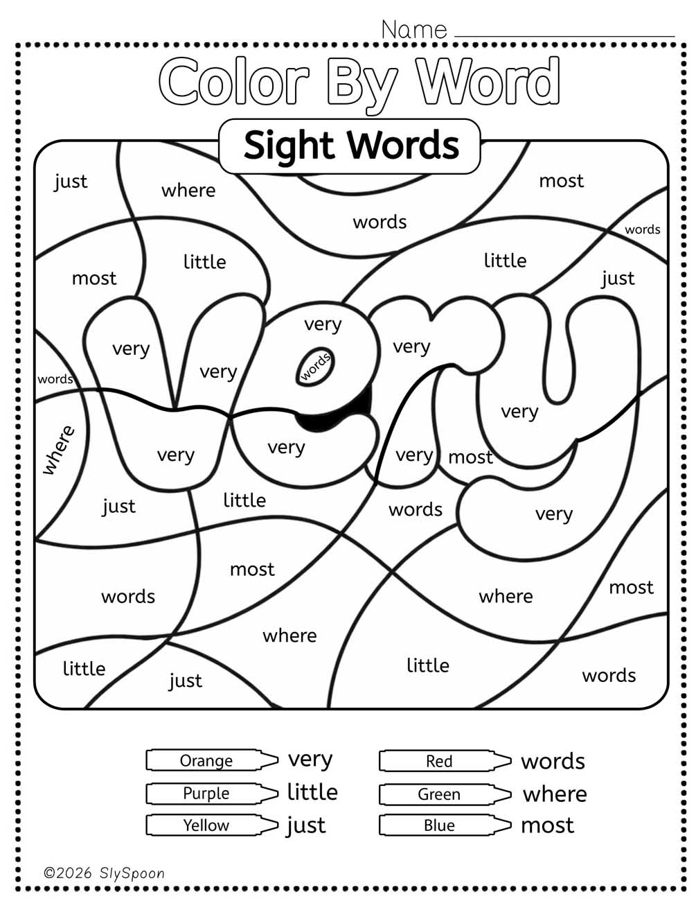 Color by sight word very worksheet printable